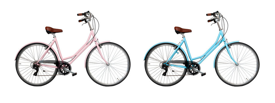 Pink retro bicycle with brown saddle and handles, generic bike isolated