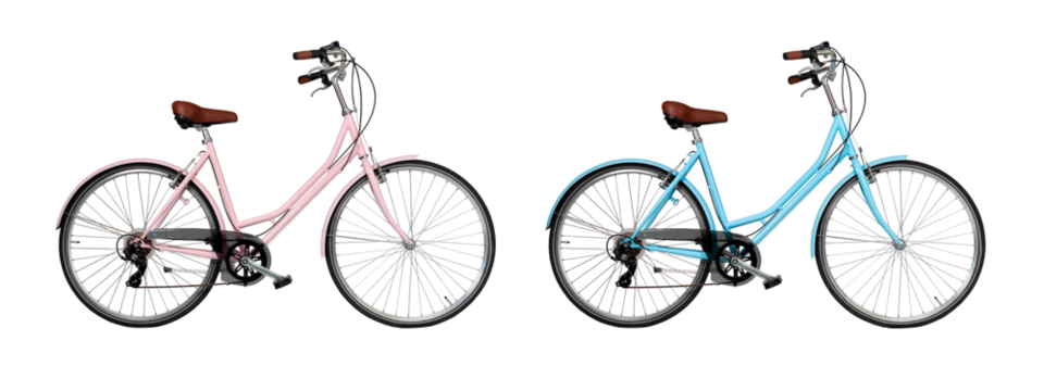 Pink retro bicycle with brown saddle and handles, generic bike isolated