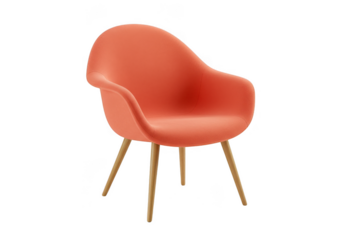 A modern coral colored armchair with slender wooden legs isolated on transparent background
