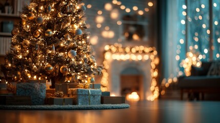 Obraz premium Furniture in the living room of a house with a Christmas tree in the background with lights on and a warm effect