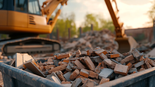 Debris from a demolition site fills a container, with an excavator in the background. The scene captures the aftermath of structural dismantling & urban change.