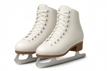 Pair of white ice skates for winter sports and figure skating, having a transparent background