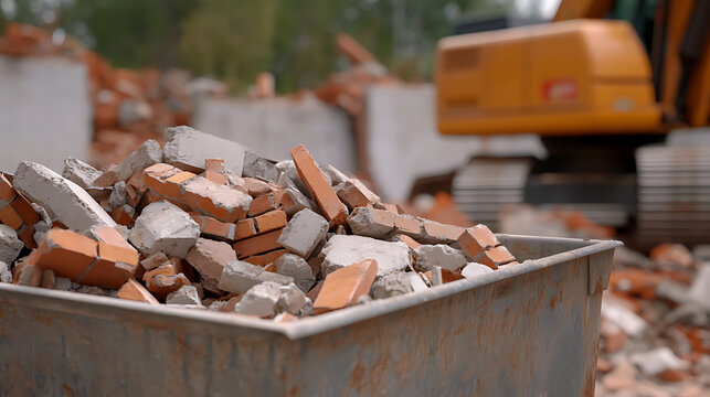 Brick and concrete rubble fills a metal container at a demolition site, with heavy machinery blurred in the background, symbolizing construction's aftermath and change. - Powered by Adobe