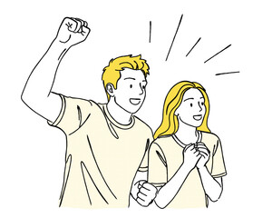 スポーツ観戦で応援・歓喜する男女の線画イラスト,勝利,興奮,ファン,スタジアム,ガッツポーズ,歓喜,達成感,成功,感動,笑顔