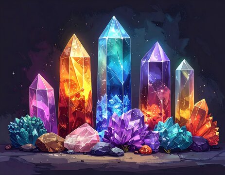 A vibrant illustration showcases a cluster of radiant, prismatic crystal formations in varying colors and sizes, radiating an ethereal glow against a dark backdrop