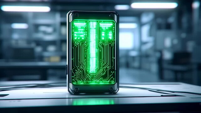 Futuristic Computer Case with Glowing Green Circuit Board