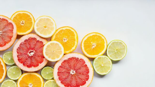 Colorful Citrus Slice Pattern Fresh Orange, Lemon, Lime and Grapefruit on White Background