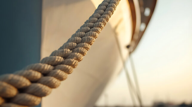 A sturdy rope is secured to the side of a vessel, bathed in warm sunlight. Nautical detail on a sunny day, evoking maritime strength and seaside adventures. Anchored.