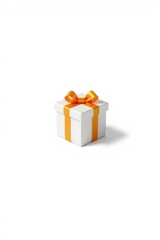 Obraz premium Minimal white gift box with an orange ribbon on a white background.