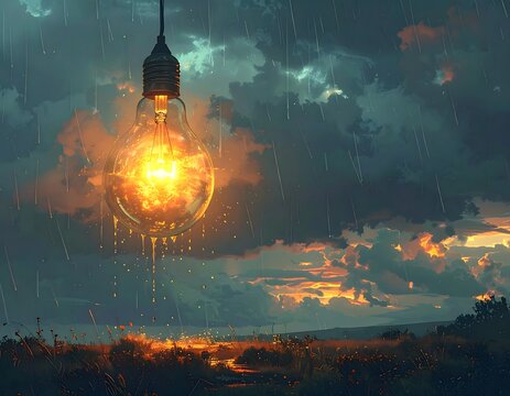 Generative ai a vintage light bulb illuminates a dramatic, stormy sky with sunset colors, casting a warm glow over a dark, rural landscape with rain falling - Powered by Adobe