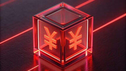 Obraz premium Glass cube with yuan symbol illuminated by red light on dark surface