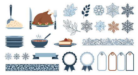 A collection of vector illustrations for a festive winter holiday meal and decorations.