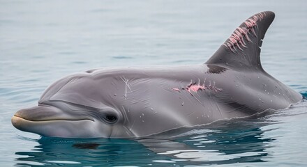 Dolphin with scarred fin swimming in calm turquoise water  