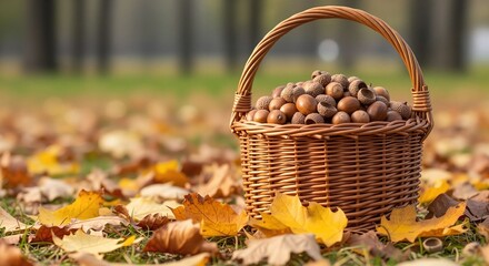 Bucket of acorns in park on autumn leaves background  