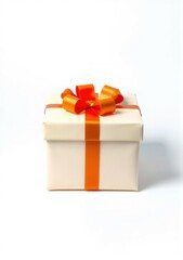 Obraz premium Elegant studio shot of a gift box with an orange ribbon on a plain white background.