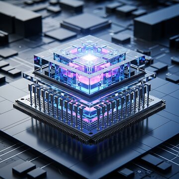 Futuristic glowing crystal processor on circuit board
