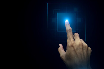 Human Hand touching virtual hologram. Clean futuristic AI technology design. digital business innovation concept. Virtual Interface data connection smart business technology