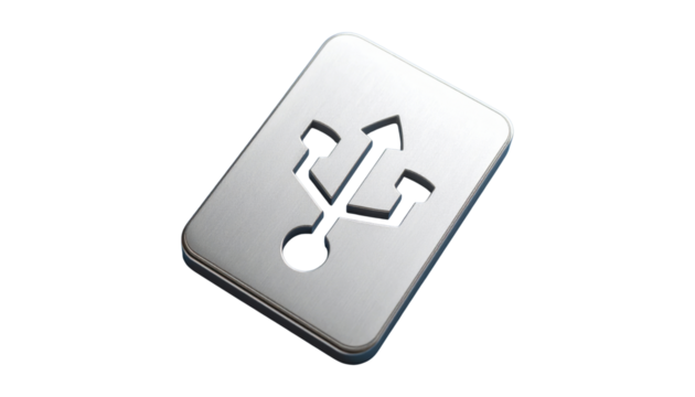 Single USB symbol icon engraved on a metal plate, isolated on transparent background, png