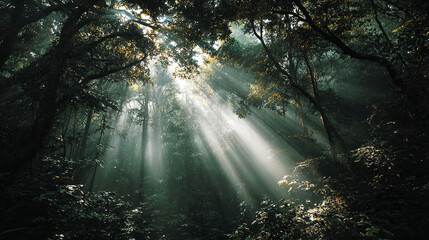 Obraz premium Enchanted forest scene with sunlight streaming through dense trees, illuminating the lush greenery and creating a mystical atmosphere in nature's serene environment