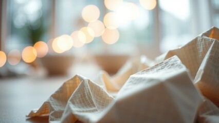 Soft Waffle Textured Linen Fabric in Bright Indoor Scene with Bokeh Lighting.