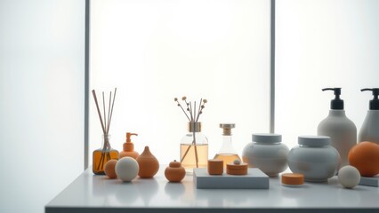 Minimalist Spa Product Display with Neutral Tones and Soft Lighting, Indoor Setting.