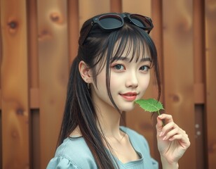 Japanese Woman with Leaf, Half-up Hair, Light Dress, Confident Gaze, Wooden Background.