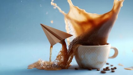 Creative paper airplane launches into splashing coffee cup, symbolizing bold ideas and energetic mornings