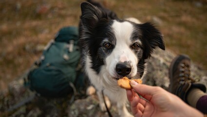 Fototapeta premium Border collie dog on a mountain hike, happily accepting a treat from a human hand, sharing a moment of companionship and loyalty while taking a break outdoors