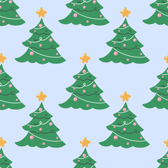 Christmas seamless pattern with Christmas trees, toys, and garlands on a light background