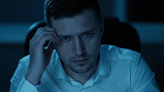 Concerned man in white shirt stares intently at something in a dimly lit room at night
