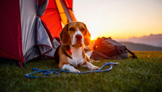 Beagle dog enjoying a serene sunset camping experience in the mountains, relaxing on green grass next to a red tent and backpack during an outdoor adventure