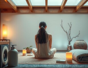 Woman meditating in a tranquil spa setting, focusing on wellness and mindfulness.