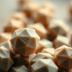 Macro photography of geometric shapes with patterned surfaces, abstract background, no people.