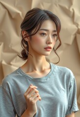 Serene Taiwanese Woman with Dark Wavy Hair and Thoughtful Expression.