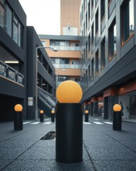 Urban Geometric Scene: Abstract Yellow Spheres on Black Pedestals in a Modern Environment, no people.
