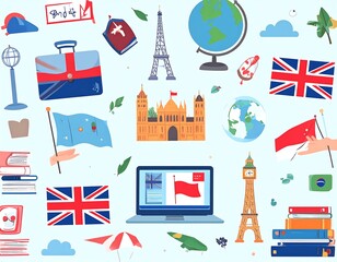 Assorted travel-themed illustrations, depicting learning