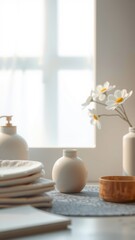 Minimal Spa Setting with Daisies, White Vases, and Patterned Cloth, No People