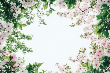 Obraz premium Spring Blossom Canopy with Pink Flowers and Green Leaves