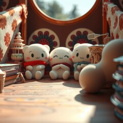 Charming Kawaii Friends: Three Anime-Style Figures in a Cozy, Patterned Setting, High Quality.