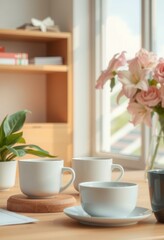 Still life of tea cups, vase of flowers, and plant on wooden table.