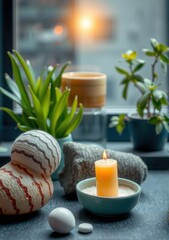 Urban wellness setting with spa stones, a lit candle, and potted plants, no people.
