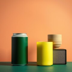 Minimalist still life with can, yellow glass, and ceramic on geometric platforms, solid background.