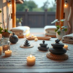 Zen stones and candles in spa scene, background setting with soft blankets.