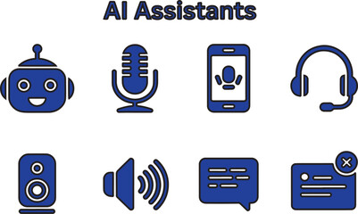 A Collection of Digital AI Assistant Icons Representing Voice Recognition Communication and Support Systems