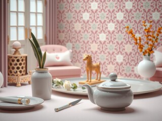 Elegant tea setting with teapot, porcelain, and patterned background in a minimal scene.