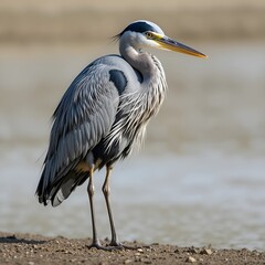 Fototapeta premium Heron bird standing in water near marshy grassland. 