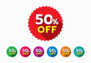 Discount sticker of special offer 50% Off. Fifty percent off discount tag set for marketing campaigns. Special offer tag sticker design element for promotional activities.