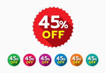 Discount sticker of special offer 45% Off. Forty five percent off discount tag set for marketing campaigns. Special offer tag sticker design element for promotional activities.