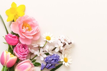 A colorful arrangement of spring flowers including roses, tulips, daffodils, daisies, and hyacinths on a white background.