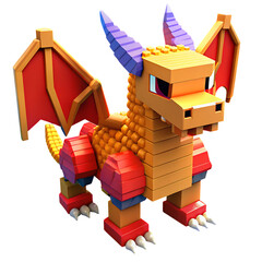 Naklejka premium Voxel Adorable lego-style dragon toy model fiery colors fantastic creature